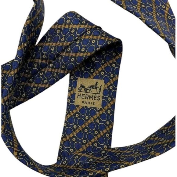 HERMÈS Men's 100% Silk Necktie LUXURY 764 UA Blue Striped Geometric W:3.4" EUC - Picture 4 of 5